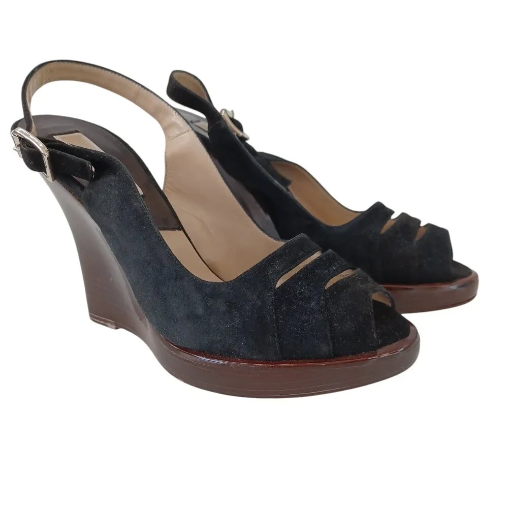 Michael Kors Black Suede Wedge Womens US 7.5 M Heels Retro Look Made‎ In Italy